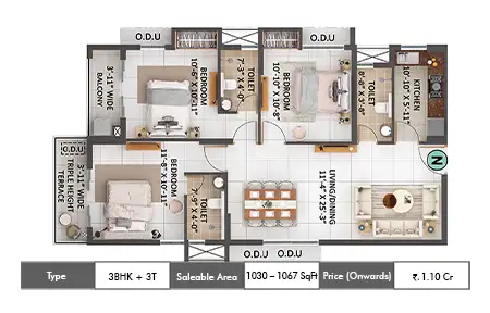 3 BHK + 3T 1030 - 1067 SqFt