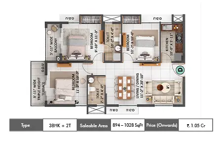 3 BHK + 2T 894 - 1028 SqFt