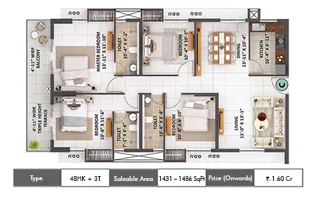 4 BHK + 3T 1431 - 1486 SqFt